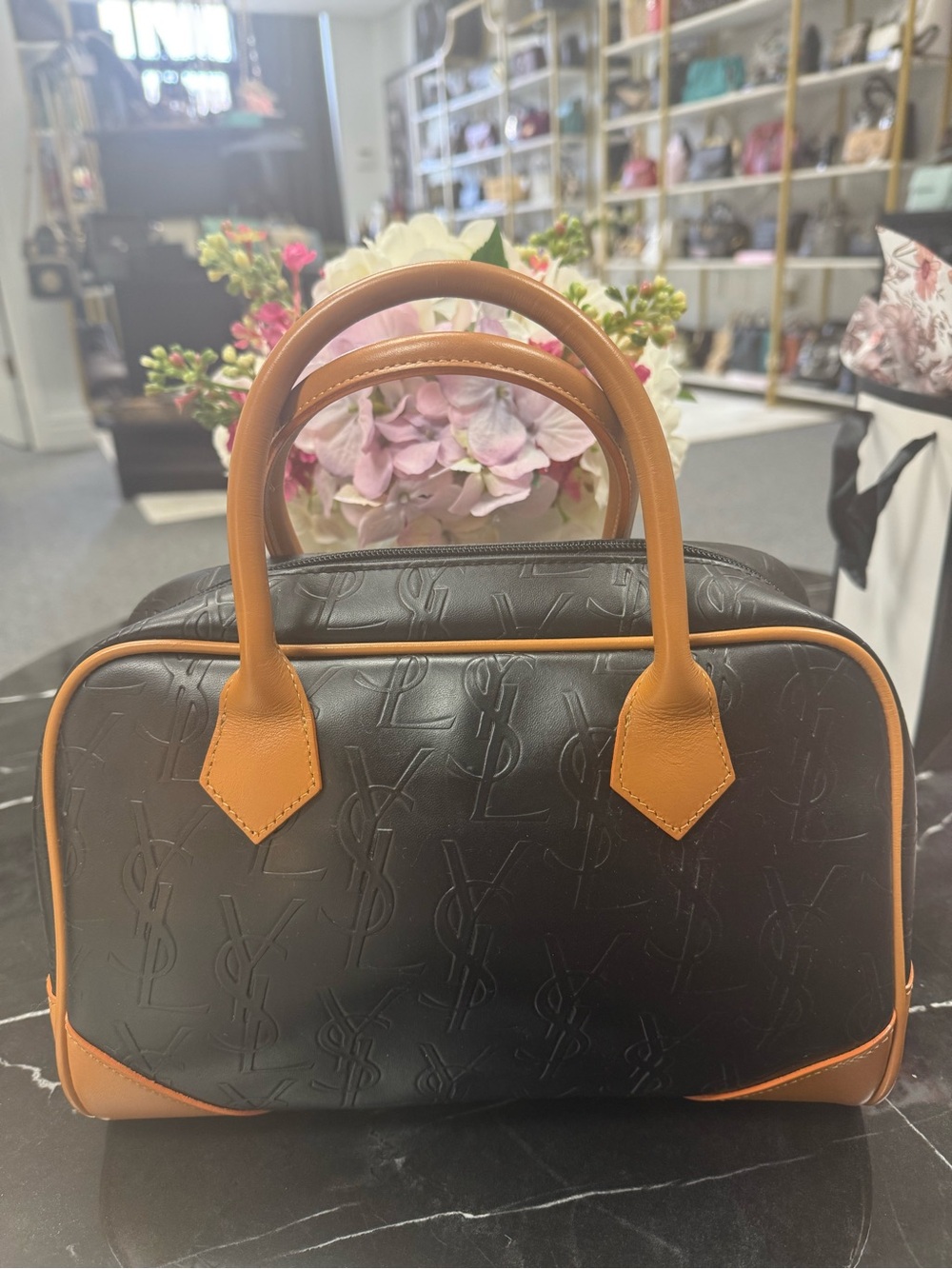 Saint Laurent Black Embossed Leather Satchel with Brown Trim